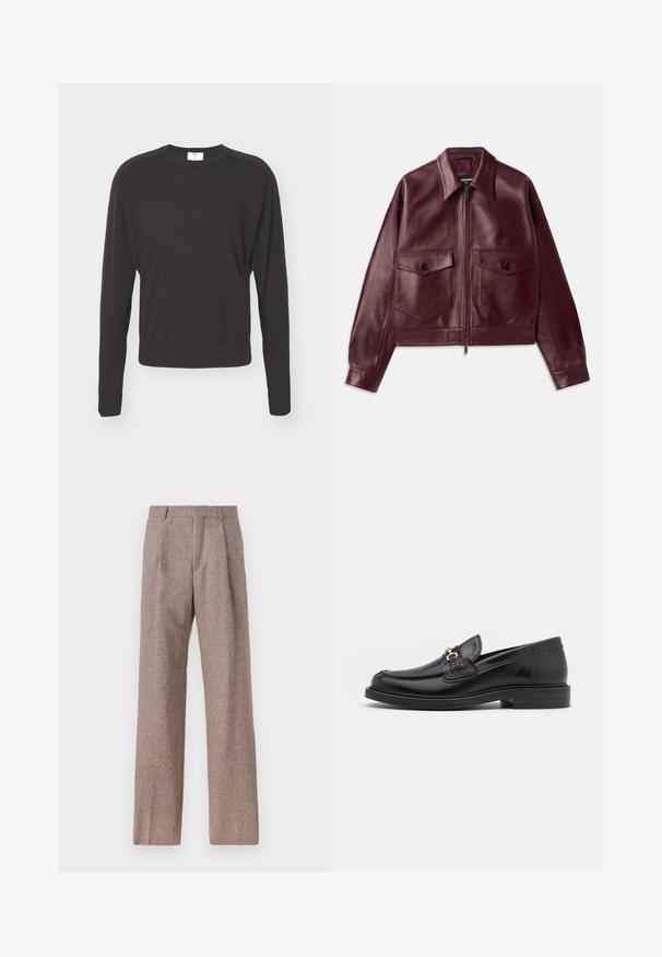 Burgundy leather jacket with a slightly cropped design, large chest pockets, a collar, and a front zipper closure. Smooth texture.; Filippa K INSIDE OUT - Jumper - mocha; Brown, high-waisted trousers made of textured fabric. Features wide legs and two front pleats for structure. Neat finish with no visible hardware.; Black leather loafers with a rounded toe, featuring gold hardware accent and stitching detail, set on a low, textured rubber sole.