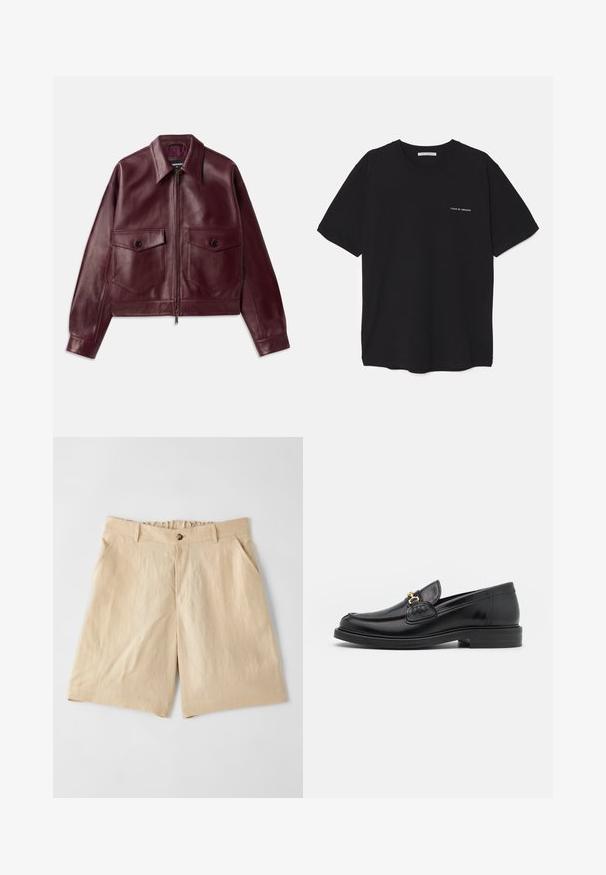 Bordeaux læderjakke med et let cropped design, store brystlommer, en krave og lynlås foran. Glat tekstur.; Sort bomulds T-shirt med rund hals, korte ærmer og en hvid logo print på venstre bryst. Simpelt, ensfarvet design.; Paul Smith Shorts - sand; Sorte læder loafers med en rund tå, der har guld hardware accent og syningsdetaljer, placeret på en lav, tekstureret gummisål.