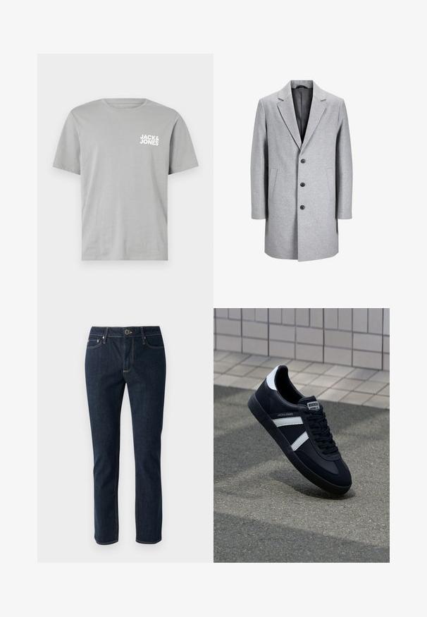 Light gray wool coat with a notched lapel, three black buttons, and two side pockets. Features a clean, tailored silhouette.; Gray cotton t-shirt with short sleeves, round neckline, and a white logo "JACK & JONES" printed on the left chest area.; Dark blue denim jeans with a straight leg design, featuring a button closure, five pockets, and contrasting stitching. Smooth texture.; Black leather sneaker with white stripes, textured rubber sole, and lace-up front. Features a branded label on the tongue.