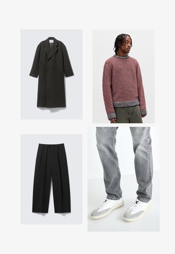 Dark gray wool overcoat with a double-breasted design, notch lapels, and side pockets. Features a textured surface, knee-length cut.; Red and gray striped sweater with a round neckline, ribbed cuffs, and a slightly cropped fit. Soft texture with a relaxed design.; Black wide-leg trousers made of lightweight fabric, featuring an elastic waistband with a drawstring and no visible pockets.; White sneakers with gray suede accents, lace closure, and a textured sole, paired with gray denim jeans in a relaxed fit.