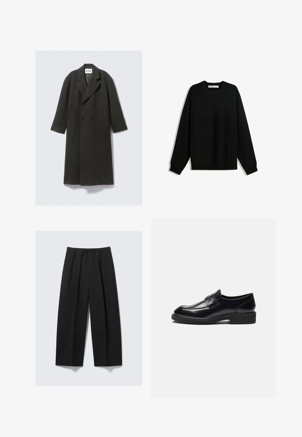 Donkergrijze wollen overjas met een dubbelzijdig ontwerp, notch-lapels en zijzakken. Heeft een gestructureerd oppervlak en is knie-lang.; Zwarte gebreide trui met een ronde hals, verlaagde schouders en ribgebreide manchetten en zoom. Beschikt over een textielstof voor extra warmte.; Zwarte wijdere broeken van lichtgewicht stof, met een elastische tailleband en een trekkoord, en zonder zichtbare zakken.; Zign LEATHER - Zakelijke loafers - black