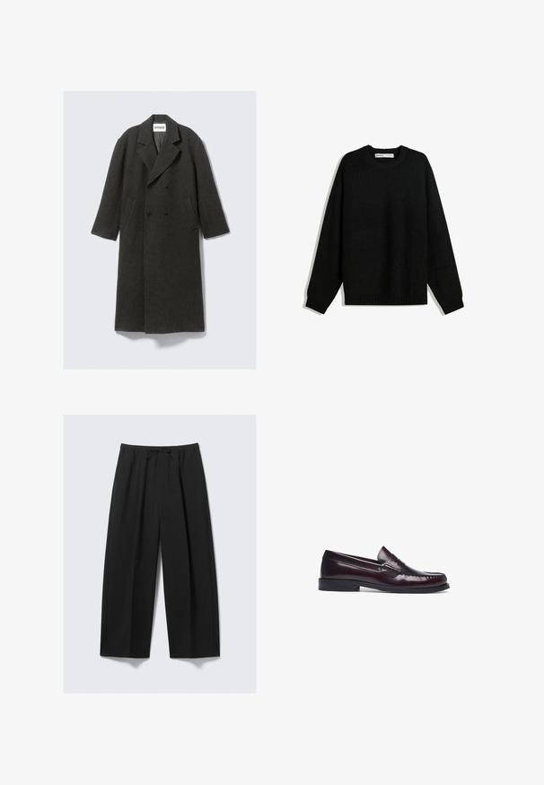 Dark gray wool overcoat with a double-breasted design, notch lapels, and side pockets. Features a textured surface, knee-length cut.; Black knitted sweater with a round neckline, dropped shoulders, and ribbed cuffs and hem. Features a textured fabric for warmth.; Black wide-leg trousers made of lightweight fabric, featuring an elastic waistband with a drawstring and no visible pockets.; Burgundy leather loafers with a stitched toe detail, flat heel, and smooth finish. Features a classic penny slot design on the vamp.
