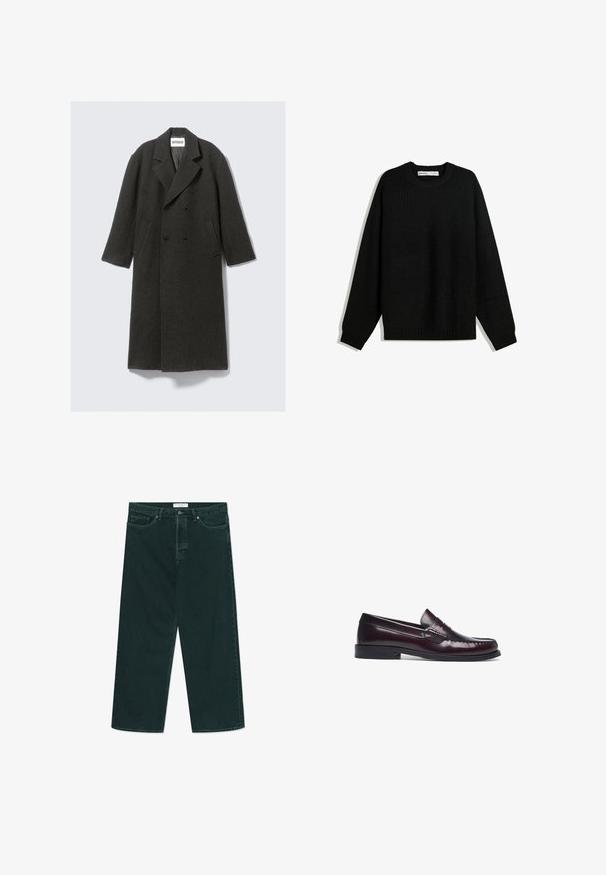 Dark gray wool overcoat with a double-breasted design, notch lapels, and side pockets. Features a textured surface, knee-length cut.; Black knitted sweater with a round neckline, dropped shoulders, and ribbed cuffs and hem. Features a textured fabric for warmth.; Dark green wide-leg denim jeans with button and zip closure, front pockets, and belt loops, laid flat on a white background.; Burgundy leather loafers with a stitched toe detail, flat heel, and smooth finish. Features a classic penny slot design on the vamp.