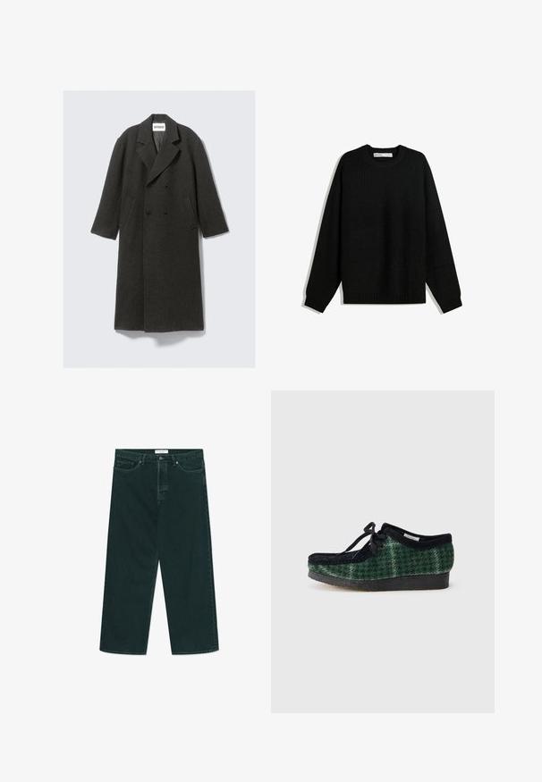 Mörkgrå ullkappa med dubbelknäppt design, snedskurna slag och sidofickor. Har en texturerad yta och knälång klipp.; Svart stickad tröja med rund halsringning, sänkt axel och ribbad mudd och nederkant. Har en texturerad tyg för värme.; Mörkgröna vida denimjeans med knapp- och dragkedjestängning, framfickor och bälteshällor, liggande platt på en vit bakgrund.; Gröna och svarta mönstrade skor med översida av mocka, med en rund tå, snörning och en texturerad gummisula.