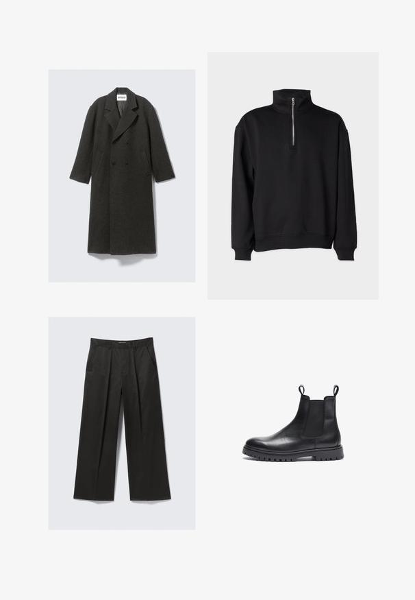 Sobretudo de lã escura cinza com um design de duplo botão, lapelas com corte em ângulo e bolsos laterais. Apresenta uma superfície texturizada e um corte até ao joelho.; Sweatshirt preto de pullover com gola alta, apresentando um fecho de meia-zíper, mangas longas e punhos e barra canelados. Textura de tecido macio.; Calças largas pretas com uma textura suave, apresentando dois bolsos frontais e uma cintura ligeiramente elevada.; Botas Chelsea pretas em couro com acabamento texturizado, painéis laterais elásticos e alças de puxar. Apresentam uma sola de borracha robusta com ranhuras.