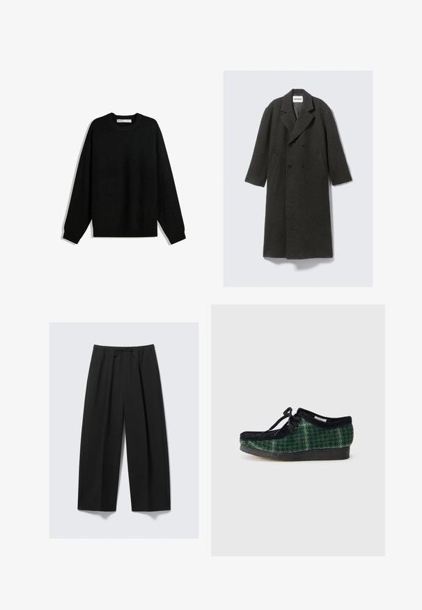 Donkergrijze wollen overjas met een dubbelzijdig ontwerp, notch-lapels en zijzakken. Heeft een gestructureerd oppervlak en is knie-lang.; Zwarte gebreide trui met een ronde hals, verlaagde schouders en ribgebreide manchetten en zoom. Beschikt over een textielstof voor extra warmte.; Zwarte wijdere broeken van lichtgewicht stof, met een elastische tailleband en een trekkoord, en zonder zichtbare zakken.; Groene en zwarte schoenen met een suède bovenkant, voorzien van een ronde neus, veters en een gestructureerde rubberen zool.