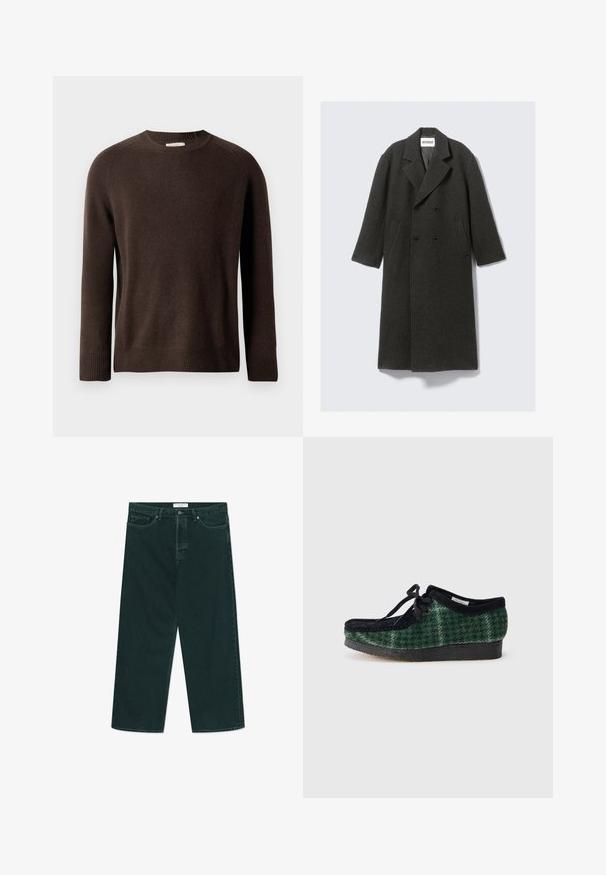 Dunkelgrauer Wollmantel mit doppelter Knopfleiste, Reverskragen und seitlichen Taschen. Verfügt über eine strukturierte Oberfläche und ist knielang.; Brauner, langärmliger Rundhalspullover mit gerippten Bündchen und Saum, vor einem schlichten hellen Hintergrund präsentiert.; Dunkelgrüne weit geschnittene Jeans aus Denim mit Knopf- und Reißverschluss, Fronttaschen und Gürtelschlaufen, flach auf einem weißen Hintergrund ausgelegt.; Grüne und schwarze gemusterte Schuhe mit einem Obermaterial aus Wildleder, runder Zehenform, Schnürsenkeln und einer strukturierten Gummisohle.
