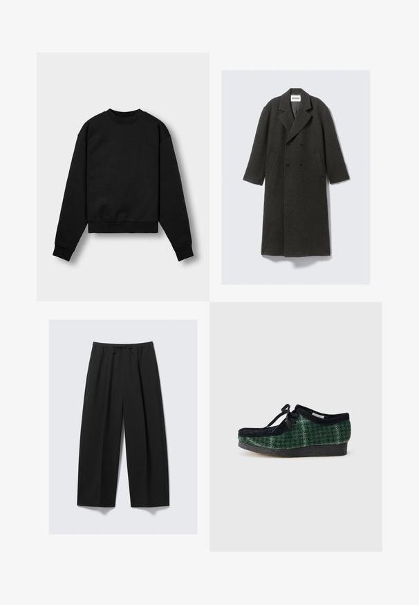 Mørk grå ullkapp med dobbeltspent design, hakkede revers og sidelommer. Har en teksturert overflate og knelengde.; Svart cropped genser med lange ermer, rund hals og ribbestrikkede mansjetter. Har en myk stofftekstur og minimalistisk design.; Sorte vide bukser laget av lett stoff, med elastisk midje og snor samt ingen synlige lommer.; Grønne og svarte mønstrede sko med overdel av semsket skinn, med rund tå, snøring og en teksturert gummisåle.