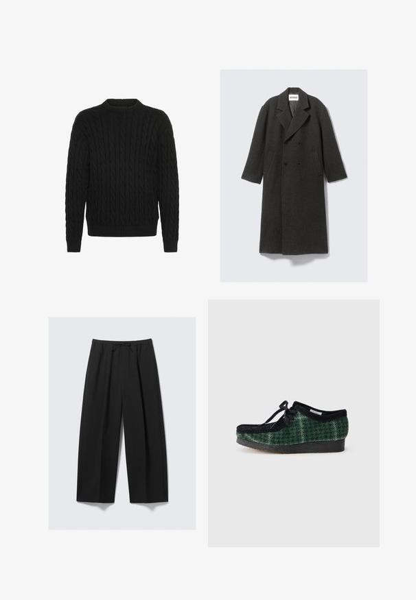 Tmavě šedý vlněný kabát s dvojitým zapínáním, klopovými límci a bočními kapsami. Má texturovaný povrch a délku po kolena.; Solid SDMALCOLM - Svetr - true black; Černé široké kalhoty vyrobené z lehkého materiálu, s elastickým pasem a šňůrkou na stažení, bez viditelných kapes.; Zelené a černé vzorované boty s nubukovým svrškem, kulatou špičkou, šňůrkami a texturovanou gumovou podrážkou.