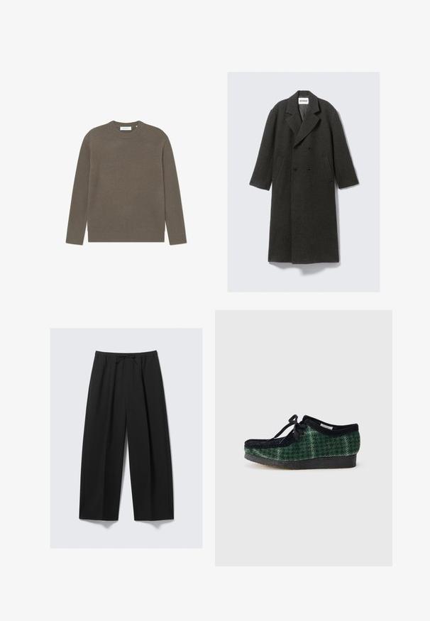Sötétszürke gyapjú kabát dupla gombolású kialakítással, kihajtott gallérral és oldalsó zsebekkel. Textúrált felszíne van, térd alá érő hosszal.; Ribbed kötött pulóver földbarná színben, kerek nyakkivágással és hosszú ujjakkal, texturált felülettel és diszkrét márkajeggyel.; Fekete, bőszárú nadrág könnyű anyagból, rugalmas derékkal és húzózsinórral, látható zsebek nélkül.; Zöld és fekete mintás cipők nubuk felsőrésszel, lekerekített orral, fűzőkkel és textúrázott, gumitalppal.