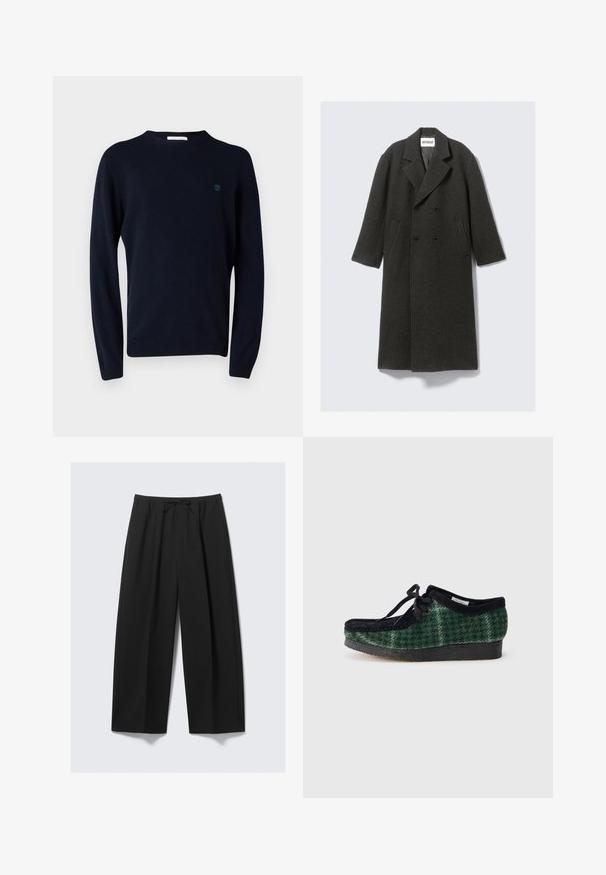 Tumma harmaa villa-overcoat, jossa on kaksirivinen muotoilu, lovet; ja sivutaskut. Ominaisuuksiin kuuluu teksturoitu pinta ja polvenpituisuus.; Tummansininen neulepusero, jossa on pitkät hihat, pyöreä pääntie ja pieni logo rinnassa. Sileä rakenne ja vartalonmyötäinen muotoilu.; Mustat leveät housut kevyestä kankaasta, joissa on joustava vyötärö nauhalla ja ei näkyviä taskuja.; Vihreä- ja mustakuosiset kengät, joissa on mokkanahkapinta, pyöreä kärki, nauhat ja teksturoitu kumipohja.