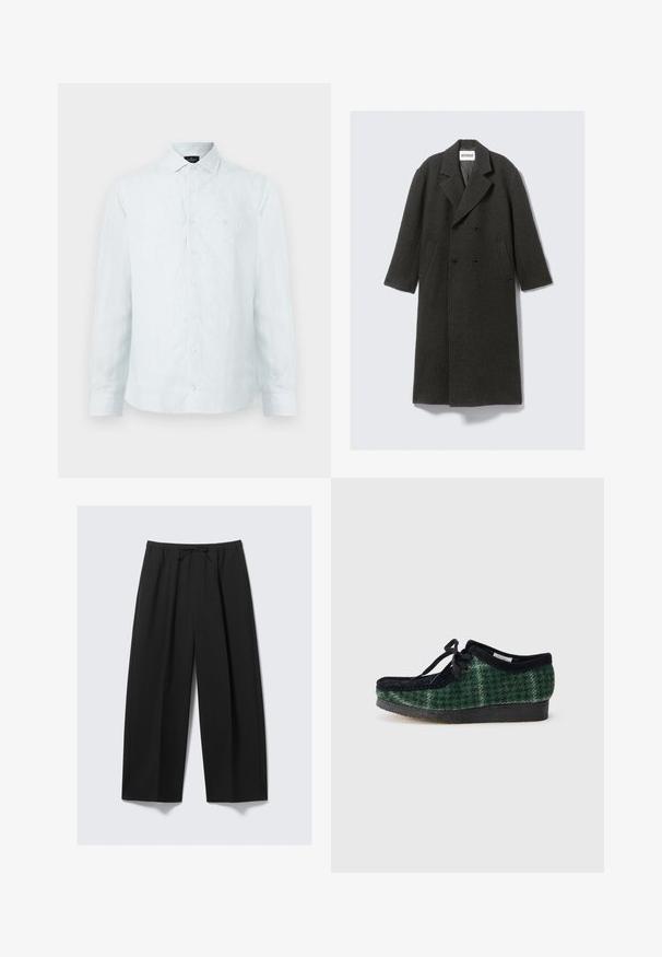 Donkergrijze wollen overjas met een dubbelzijdig ontwerp, notch-lapels en zijzakken. Heeft een gestructureerd oppervlak en is knie-lang.; Herenbutton-up overhemd in lichtblauw met witte verticale strepen, klassieke kraag, lange mouwen en subtiel logo op de borst.; Zwarte wijdere broeken van lichtgewicht stof, met een elastische tailleband en een trekkoord, en zonder zichtbare zakken.; Groene en zwarte schoenen met een suède bovenkant, voorzien van een ronde neus, veters en een gestructureerde rubberen zool.