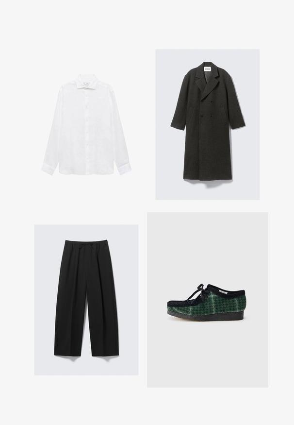 Donkergrijze wollen overjas met een dubbelzijdig ontwerp, notch-lapels en zijzakken. Heeft een gestructureerd oppervlak en is knie-lang.; Witte lange mouwen shirt, gemaakt van een lichtgewicht stof. Heeft een klassieke kraag, knopenlijst en manchet met afgeronde randen.; Zwarte wijdere broeken van lichtgewicht stof, met een elastische tailleband en een trekkoord, en zonder zichtbare zakken.; Groene en zwarte schoenen met een suède bovenkant, voorzien van een ronde neus, veters en een gestructureerde rubberen zool.