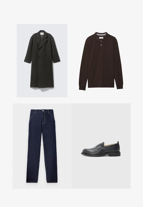 Sötétszürke gyapjú kabát dupla gombolású kialakítással, kihajtott gallérral és oldalsó zsebekkel. Textúrált felszíne van, térd alá érő hosszal.; Sötétbarna pamut hosszúujjú pólóing, gallérral, három gombos záródással és fehér csíkozással. Sima textúra.; Sötétkék farmernadrág egyenes lábszárral, kontrasztvarrással, gombos elülső zárással és klasszikus öt zsebes stílussal.; Fekete bőr loaferek sima felülettel, lapos talppal és kerek orral, dekoratív pánttal a felső részen.