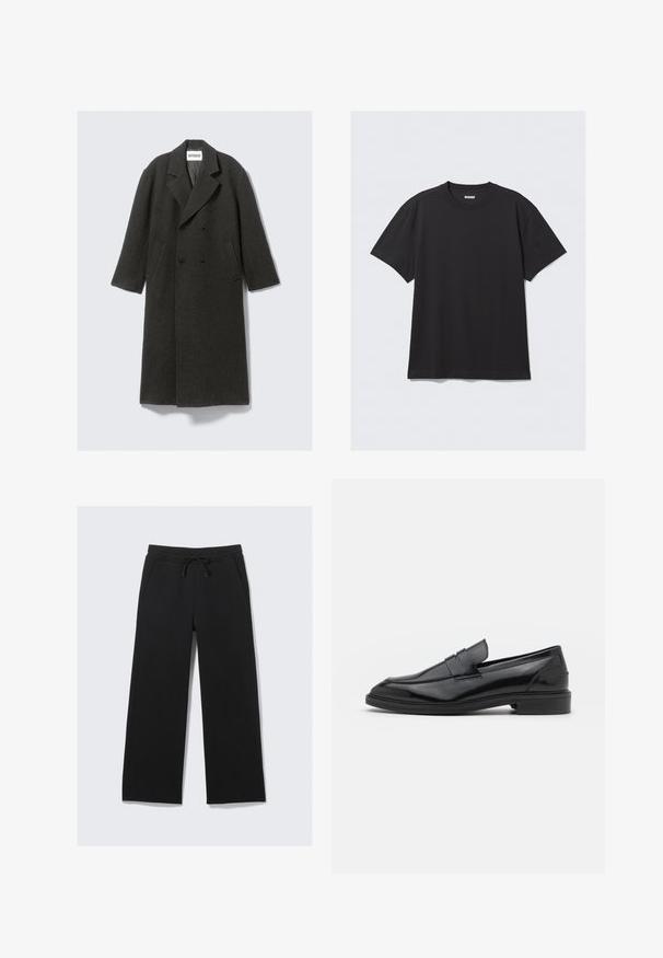 Donkergrijze wollen overjas met een dubbelzijdig ontwerp, notch-lapels en zijzakken. Heeft een gestructureerd oppervlak en is knie-lang.; Zwarte korte mouwen T-shirt van katoen. Kenmerkt zich door een ronde halslijn en een ontspannen pasvorm. Eenvoudig ontwerp zonder zichtbare patronen of accenten.; Zwarte wijde sweatpants gemaakt van een zachte stof. Voorzien van een elastische tailleband met een trekkoord en zijzakken. Glad textuur.; Zwarte leren instappers met een gladde afwerking, voorzien van een ronde neus en een smalle band over de bovenkant. Lage gestapelde hak.