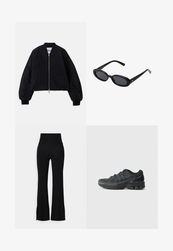 Musthave mustat lühikesed bomberjakk, millel on tõmblukk, pikad puhväravad ja küljetaskud. Valmistatud tekstuursest kangast ribaga mansettide jaotustega.; Valge puuvillane top süsteem ribatekstuuriga, ilma varrukateta disain ja ümmargune kaelus. Kaeluses on silt, millel on kiri "WEEKDAY."; Mustad flöödid püksid venivast kangast, millel on kõrge vöökoht ja sile tekstuur. Hem flardib õrnalt puusa juurest.; Mustad mustijad jooksujalatsid, millel on võrkkangas peal, pehmendatud krae, sünteetilised detailid ja tekstureeritud tallaosas nähtavaid pehmenduselemente.; Mustad mustad prillid ovaalsete läätsedega, sujuvast plastmassraamist ja kuldsete aktsentidega tempel. Tumedaid läätsi, mis pakuvad päikese kaitset.; Pruun suede käekott, millel on struktureeritud kolmnurkne kuju, ülemine käepide ja klapi sulgur. Tõstab esile peene logodekori küljes.