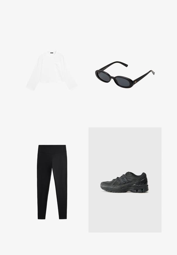 Sort cropped bomberjakke med lynlås, lange puffedeærmer og sidelommer. Fremstillet af tekstureret stof med ribbede manchetter.; Hvid langærmet cropped t-shirt lavet af bomuld, med rund hals og en enkelt brystlomme. Glat tekstur med et minimalistisk design.; Sorte leggings lavet af glat, strækbart stof. Har en bred talje og en tapered ben-design, velegnet til aktiv eller afslappet brug.; Sorte løbesko med et netoverdel, polstret krave, syntetiske detaljer og en struktureret sål med synlige dæmpningselementer.; Store store