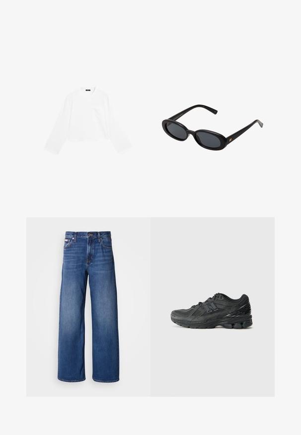 Sort cropped bomberjakke med lynlås, lange puffedeærmer og sidelommer. Fremstillet af tekstureret stof med ribbede manchetter.; Hvid langærmet cropped t-shirt lavet af bomuld, med rund hals og en enkelt brystlomme. Glat tekstur med et minimalistisk design.; Bredde denim jeans i mørkeblå med høj talje, fem lommer og subtil falmning langs fronten for ekstra tekstur og detaljer.; Sorte løbesko med et netoverdel, polstret krave, syntetiske detaljer og en struktureret sål med synlige dæmpningselementer.; Store store; Still Nordic STILLBASIC SHOPPER - Shopping bags - black