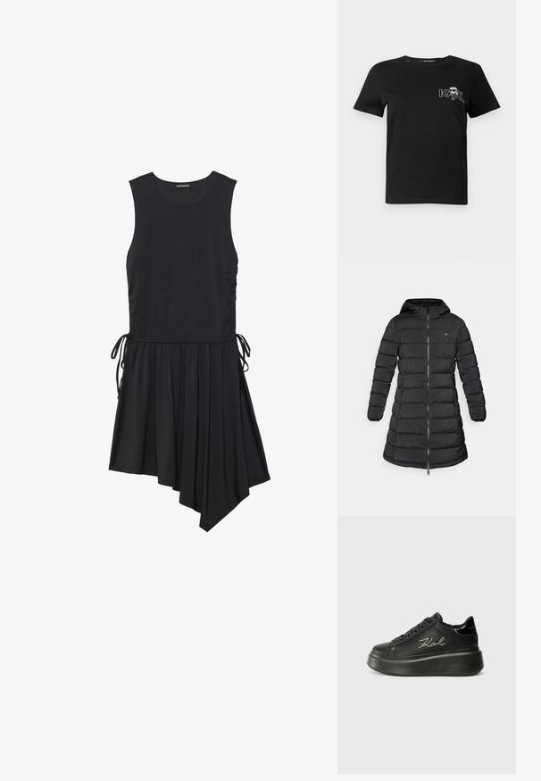 Černý péřový kabát s polointervalovým designem. Obsahuje kapuci, horizontální prošívání a přední zip. Na hrudi má malé logo.; Černé bezramínkové šaty z měkké látky; mají nařasený asymetrický lem a boční šňůrky pro nastavitelný střih.; Černé triko s krátkým rukávem vyrobené z bavlny. Obsahuje bílou grafiku se textem "KARL" a stylizovanou postavou na hrudi. Kulatý výstřih.; Černé platformové tenisky s hladkým koženým svrškem, plochými tkaničkami a vyšitou logem "Karl" na boku. Kulatá špička a silná podrážka.