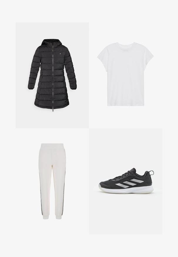 Cămașă puffer neagră cu un design de lungime medie. Include o glugă, un model cusut orizontal și un fermoar frontal. Conține un logo mic pe piept.; Tricou scurt alb, cu mânecă scurtă și guler rotund, cu o croială relaxată, realizat dintr-un material din bumbac moale. Textură netedă, fără modele sau logo-uri.; Pantaloni de jogger albi dintr-un material moale, cu un tiv ribat și dungi negre pe laterale, având un detaliu cu logo în față.; Pantof bine, de sport, de culoare neagră, cu partea superioară din plasă respirabilă, accente argintii reflectorizante și o talpă din cauciuc alb, căptușită. Design cu șireturi.