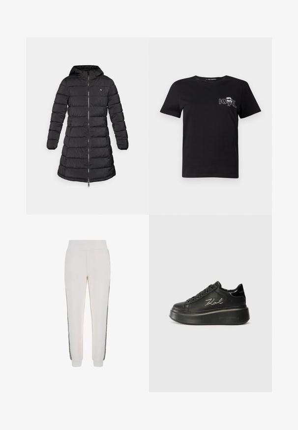 Czarna kurtka puchowa o średniej długości. Posiada kaptur, poziomy wzór pikowania oraz zamek z przodu. Zawiera małe logo na klatce piersiowej.; Czarna koszulka t-shirt z krótkim rękawem wykonana z bawełny. Posiada biały nadruk z napisem "KARL" oraz stylizowaną postacią na klatce piersiowej. Okrągły dekolt.; Białe dresowe spodnie wykonane z miękkiego materiału, z prążkowanym paskiem w talii i czarnymi paskami po bokach oraz detalem logo z przodu.; Czarne platformowe sneakersy z gładkiej skórzanej cholewki, płaskimi sznurowadłami i wyszywanym logo "Karl" z boku. Okrągły czubek i gruba podeszwa.