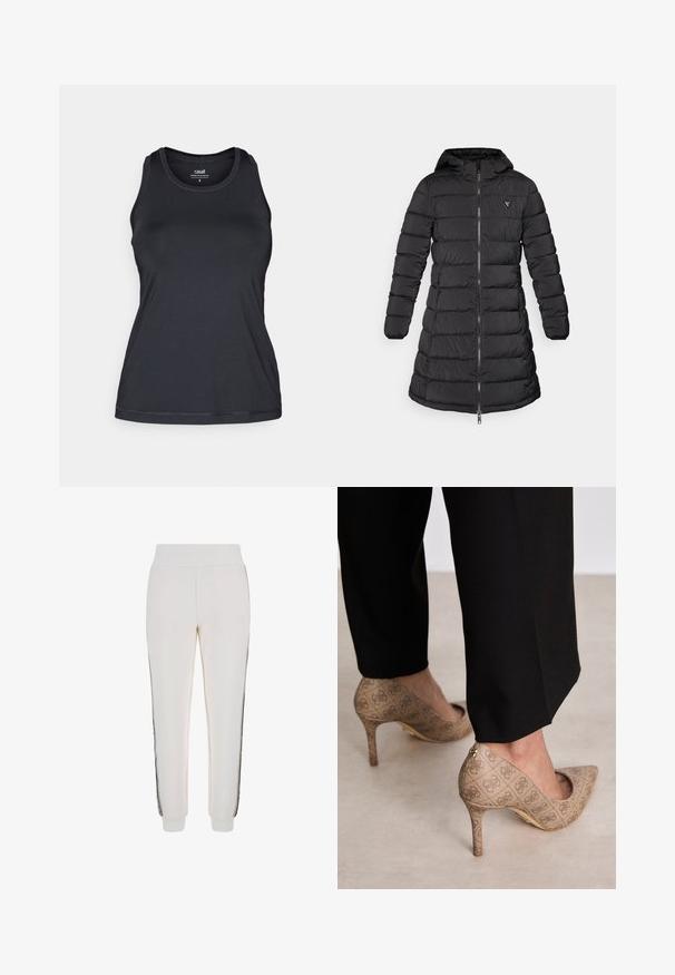 Must must jacket, millepikkuse disainiga. Omab kapuutsi, horisontaalset tikkimismustrit ja ees asuvat tõmblukk. Sisse on õmmeldud väike logo rinnal.; Mustika mustmoodne treeningtank-top, millel on sobiv disain, varrukateta lõige, ümmargune kaelus ja pehme, sile tekstuur. Omab peeneid õmblusdetailide. ; Valged jogger-püksid, mis on valmistatud pehmest kangast, ribiga vöökoha ja mustade külgtriipudega ning esiküljel logodetailiga.; Beige kõrged kontsad, mis on valmistatud tekstureeritud kangast, millel on korduv muster. Terava nina disain tagakülje aktsendi ja kuldse kontsiga.