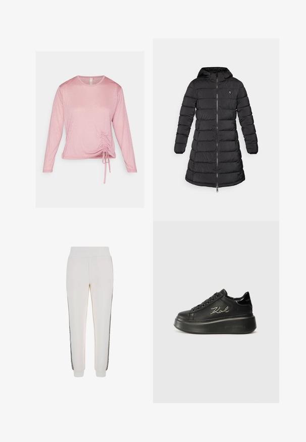 Juodas pūkinis paltas vidutinio ilgio. Įrengtas gobtuvu, horizontaliu siuvinėjimo raštu ir priekiniais užtrauktukais. Ant krūtinės yra nedidelis logotipas.; Ilga rankovė rožinė palaidinė, pagaminta iš minkštos medžiagos, su susiraukšlėjimu liemens srityje, reguliuojamais raiščiais ir apvaliu iškirpimu.; Baltos kelnės, pagamintos iš minkštos medžiagos, turi gumuotą juosmenį ir juodas šonines juostas su logotipo detale priekyje.; Juodi platforminiai sportbačiai su lygiu odiniu viršumi, plokščiomis raištelėmis ir išsiuvinėtu "Karl" logotipu šone. Apvalūs pirštai ir storas padas.