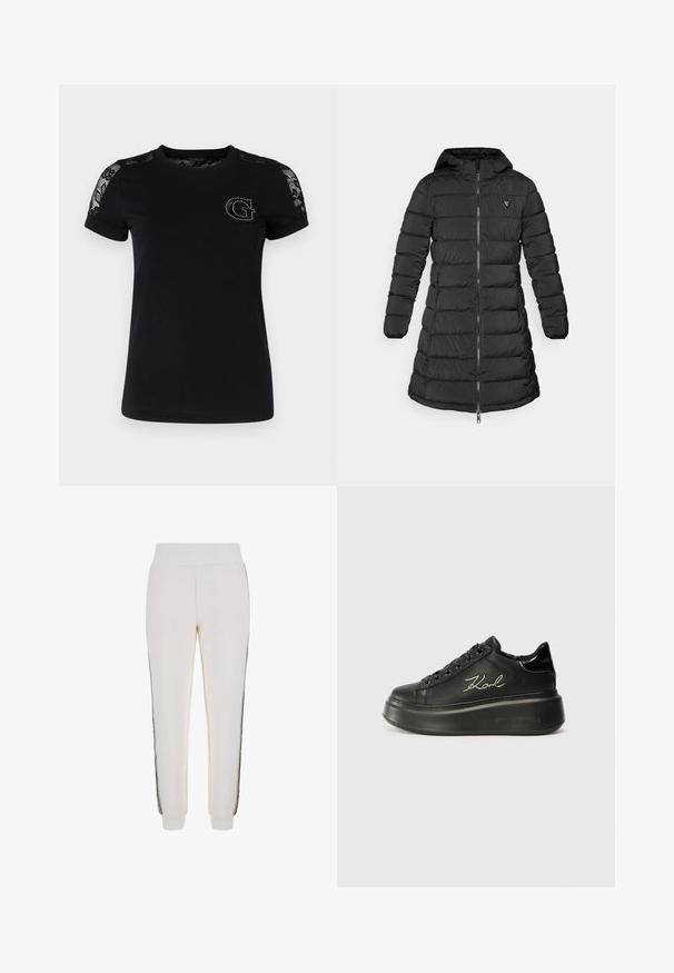 Black puffer coat with a mid-length design. Features a hood, horizontal quilted pattern, and a front zipper. Includes a small logo on the chest.; Guess Print T-shirt - jet black; White jogger pants made of soft fabric, featuring a ribbed waistband and black side stripes with a logo detail on the front.; Black platform sneakers featuring a smooth leather upper, flat laces, and embroidered "Karl" logo on the side. Rounded toe and thick sole.