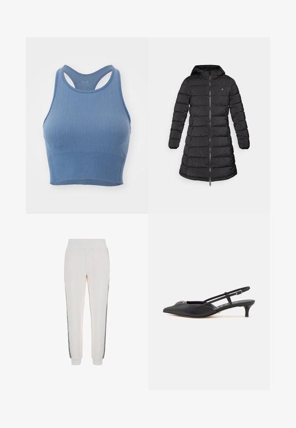 Fekete puffernadrág közepes hosszúságú kialakítással. Kapucnival, vízszintes steppelt mintával és elülső cipzárral rendelkezik. A mellkason egy kis logó található.; Világoskék, bordázott sportmelltartó, testhezálló kialakítással, széles pántokkal és versenyhát-silhuettel. Puha textúra és varrat nélküli szegély az alján.; Fehér, puha anyagból készült sportos nadrág, bordázott derékrésszel és fekete oldalsávokkal, az elején logós részlettel.; Fekete, sarokba húzós cipők, hegyes orral, sima anyagból készült, kis sarokkal és díszes ezüst részlettel a lábfej részen.