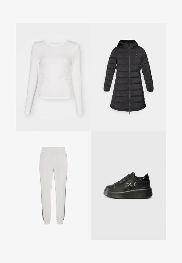 Cămașă puffer neagră cu un design de lungime medie. Include o glugă, un model cusut orizontal și un fermoar frontal. Conține un logo mic pe piept.; Top alb cu mânecă lungă, confecționat din material ribbed, având un design ajustat cu detalii de volan la laterale și un guler rotund.; Pantaloni de jogger albi dintr-un material moale, cu un tiv ribat și dungi negre pe laterale, având un detaliu cu logo în față.; Tenisi negri cu platformă, având un superior din piele netedă, șireturi plate și un logo „Karl” brodat pe lateral. Vârful rotund și talpa groasă.
