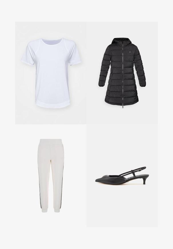 Juodas pūkinis paltas vidutinio ilgio. Įrengtas gobtuvu, horizontaliu siuvinėjimo raštu ir priekiniais užtrauktukais. Ant krūtinės yra nedidelis logotipas.; Baltas trumpas rankovėmis marškinėliai su apvalia iškirpte, pasižymintys lygiais medvilniniais audiniais ir suapvalintu apatinio krašto dizainu. Nėra matomų raštų ar akcentų.; Baltos kelnės, pagamintos iš minkštos medžiagos, turi gumuotą juosmenį ir juodas šonines juostas su logotipo detale priekyje.; Juodi slingback batai su smailiu pirštu, pagaminti iš lygaus medžiagos, turintys mažą kulniuką ir dekoratyvų sidabrinį akcentą ant avikailio.