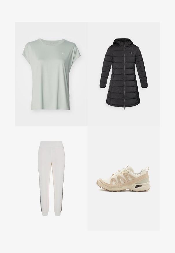 Casaco puffer preto com um design de comprimento intermédio. Apresenta um capô, padrão acolchoado horizontal e um fecho de correr na frente. Inclui um pequeno logo no peito.; ONLY Play ONPAUBREE LIFE ON BAT LOOSE TEE - T-shirt básica - aqua gray; Calças de jogging brancas feitas de tecido suave, com um cós canelado e riscas laterais pretas, apresentando um detalhe de logótipo na parte frontal.; Sapatilha atlética beige e creme com parte superior em malha texturizada, sobreposições de suporte e sola de borracha com um padrão de cravo para tração.