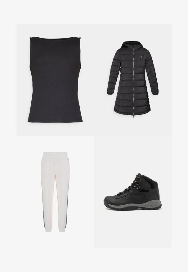 Svart pufferjacka med en design i mellanlängd. Har huva, horisontellt kviltat mönster och dragkedja framtill. Inkluderar en liten logotyp på bröstet.; Svart ribbad ärmlös topp med rund halsringning. Mjuk textur, figurnära design och rena kanter. Mångsidig för lagerpåsättning eller att bära ensam.; Vita joggerbyxor gjorda av mjukt material, med ribbad midja och svarta sidostråk samt en logotypdetalj på framsidan.; Svart vandringskänga med mellanhög design, som har en texturerad överdel, grå accenter och en slitstark gummisula med greppklackar.