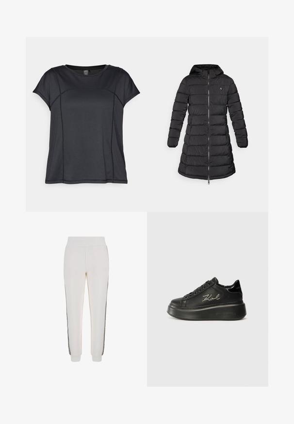 Fekete puffernadrág közepes hosszúságú kialakítással. Kapucnival, vízszintes steppelt mintával és elülső cipzárral rendelkezik. A mellkason egy kis logó található.; Fekete, rövid ujjú sport póló hálós szövetből, méhsejt-textúrával, ívelt varrásokkal és kerek nyakkivágással.; Fehér, puha anyagból készült sportos nadrág, bordázott derékrésszel és fekete oldalsávokkal, az elején logós részlettel.; Fekete platform sportcipők, amelyek sima bőr felsőrésszel, lapos fűzőkkel és hímezett "Karl" logóval rendelkeznek az oldalukon. Kerek orrúak és vastag talpúak.