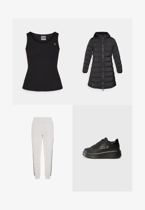 Cămașă puffer neagră cu un design de lungime medie. Include o glugă, un model cusut orizontal și un fermoar frontal. Conține un logo mic pe piept.; Top de mărime mică, cu model cu nervuri, de culoare neagră, cu decolteu rotund și un mic detaliu logo argintiu pe zona stângă a pieptului. Textură netedă, design ajustat.; Pantaloni de jogger albi dintr-un material moale, cu un tiv ribat și dungi negre pe laterale, având un detaliu cu logo în față.; Tenisi negri cu platformă, având un superior din piele netedă, șireturi plate și un logo „Karl” brodat pe lateral. Vârful rotund și talpa groasă.