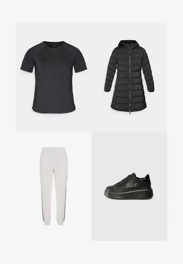 Cămașă puffer neagră cu un design de lungime medie. Include o glugă, un model cusut orizontal și un fermoar frontal. Conține un logo mic pe piept.; Cămașă sport neagră cu mâneci scurte, cu mâneci raglan, textură netedă și guler rotund. Prezintă cusături și o croială lejeră.; Pantaloni de jogger albi dintr-un material moale, cu un tiv ribat și dungi negre pe laterale, având un detaliu cu logo în față.; Tenisi negri cu platformă, având un superior din piele netedă, șireturi plate și un logo „Karl” brodat pe lateral. Vârful rotund și talpa groasă.