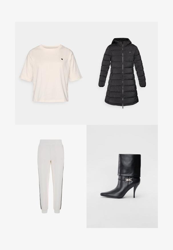Mustapuffer-takki keskipitkällä muotoilulla. Varustettu hupulla, vaakasuoralla tikkauskuviolla ja edessä vetoketjulla. Mukana pieni logo rinnassa.; Vaaleanbeige lyhythihainen crop-top, valmistettu puuvillasta. Siinä on lyhyet hihat ja pieni kolmiomainen logo vasemmassa rinnassa. Yksinkertainen muotoilu, rento istuvuus.; Valkoiset juoksuhousut, jotka on valmistettu pehmeästä kankaasta. Niissä on ribbireunusvyötärö ja mustat sivusuunnat, joissa on logotieto edessä.; Musta nahkasaapas nilkkapituudella, teräväkärkinen, korkea stiletto-korko, käännettävä varsi ja kultainen koristeellinen solki nilkassa.