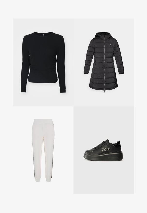 Casaco puffer preto com um design de comprimento intermédio. Apresenta um capô, padrão acolchoado horizontal e um fecho de correr na frente. Inclui um pequeno logo no peito.; Blusa preta de manga longa em tecido canelado, com decote redondo e detalhe de franzido lateral. O ajuste é justo e moldado ao corpo.; Calças de jogging brancas feitas de tecido suave, com um cós canelado e riscas laterais pretas, apresentando um detalhe de logótipo na parte frontal.; Tênis plataforma pretos com superior em couro liso, atacadores planos e o logótipo "Karl" bordado na lateral. Bico arredondado e sola espessa.