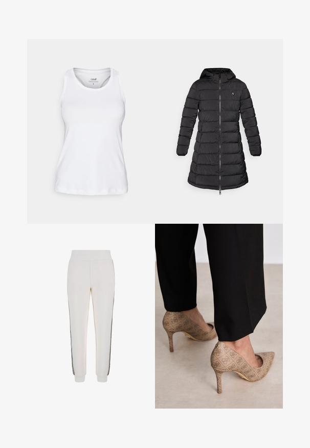 Sort pufferjakke med en mellemlang design. Har hætte, vandret quiltet mønster og en frontlynlås. Inkluderer et lille logo på brystet.; Hvid ærmeløs top lavet af letvægts, glat stof. Har en rund halsudskæring og en afslappet pasform, ideel til aktivt tøj.; Hvide joggingbukser lavet af blødt stof, med en ribbet talje og sorte sidestriber samt logo-detaljer på forsiden.; Beige høje hæle med et struktureret stof, der har et gentaget mønster. Spids tådesign med en bagsideaccent og guldhælsdetail.