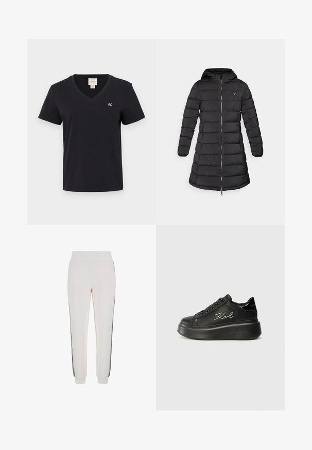 Casaco puffer preto com um design de comprimento intermédio. Apresenta um capô, padrão acolchoado horizontal e um fecho de correr na frente. Inclui um pequeno logo no peito.; T-shirt preta de algodão com decote em V e mangas curtas, apresentando um pequeno logotipo branco "ck" no lado esquerdo do peito. Design simples e clássico.; Calças de jogging brancas feitas de tecido suave, com um cós canelado e riscas laterais pretas, apresentando um detalhe de logótipo na parte frontal.; Tênis plataforma pretos com superior em couro liso, atacadores planos e o logótipo "Karl" bordado na lateral. Bico arredondado e sola espessa.