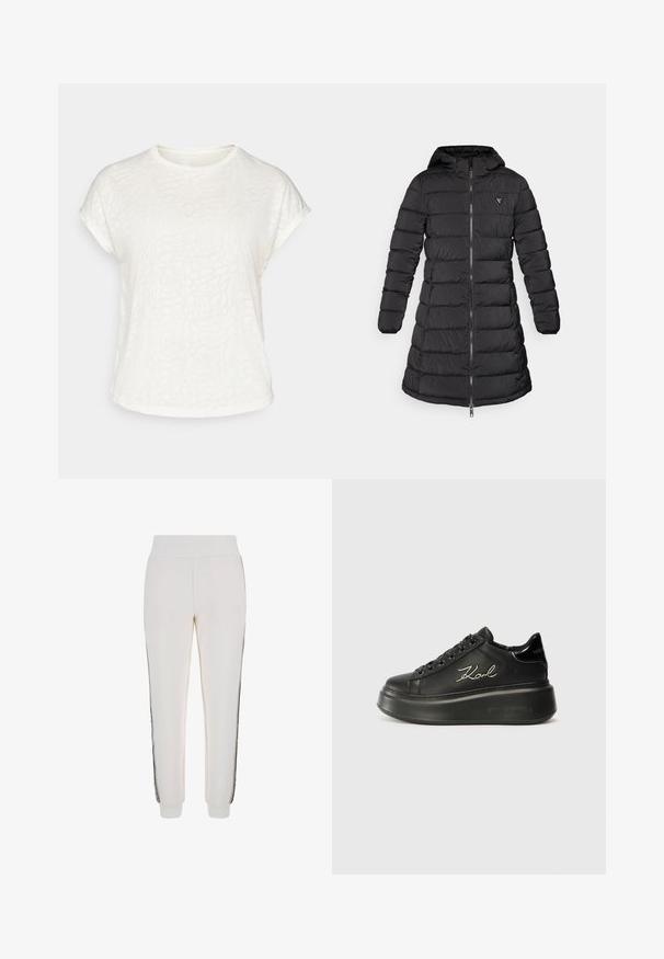Fekete puffernadrág közepes hosszúságú kialakítással. Kapucnival, vízszintes steppelt mintával és elülső cipzárral rendelkezik. A mellkason egy kis logó található.; Fehér, rövid ujjú póló, texturált virágmintával, kerek nyakkivágással és laza szabású dizájnnal. Puha, könnyű anyagból készült.; Fehér, puha anyagból készült sportos nadrág, bordázott derékrésszel és fekete oldalsávokkal, az elején logós részlettel.; Fekete platform sportcipők, amelyek sima bőr felsőrésszel, lapos fűzőkkel és hímezett "Karl" logóval rendelkeznek az oldalukon. Kerek orrúak és vastag talpúak.