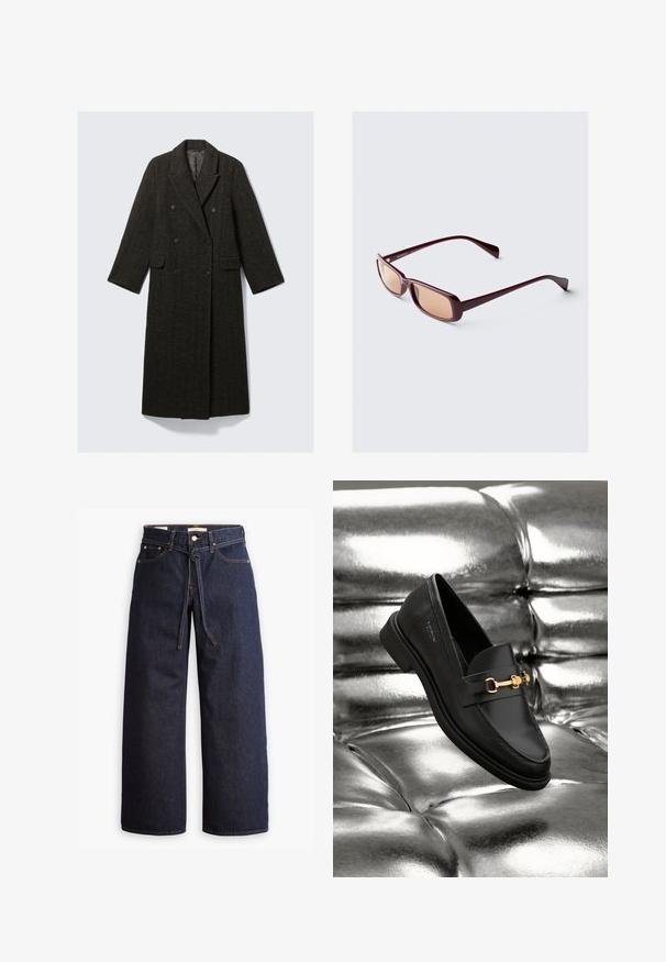 Dwurzędowy płaszcz z ciemnego tweedu w wzór w jodełkę, z wyłogowym kołnierzem, dwiema przednimi kieszeniami i długimi rękawami.; Biała bluzka z długim rękawem, wykonana z prążkowanej tkaniny, z okrągłym dekoltem i dopasowanym krojem. Brak wzorów lub akcentów.; Spodnie dżinsowe w kolorze ciemnoniebieskim o szerokich nogawkach i wysokim stanie, z wiązaniem na sznurki, pięcioma kieszeniami oraz kontrastowymi detalami w staszcu.; Czarne skórzane loafersy z detalem w złotym odcieniu. Buty mają smukły design i gładką, błyszczącą fakturę.; Bordowe okulary przeciwsłoneczne z prostokątnymi oprawkami, gradientowymi soczewkami i smukłymi ramionami. Materiał ma gładkie, błyszczące wykończenie.; Czarna pleciona torba na ramię z dwoma mocnymi uchwytami, charakteryzująca się błyszczącą powierzchnią i przestronnym otwartym topem.