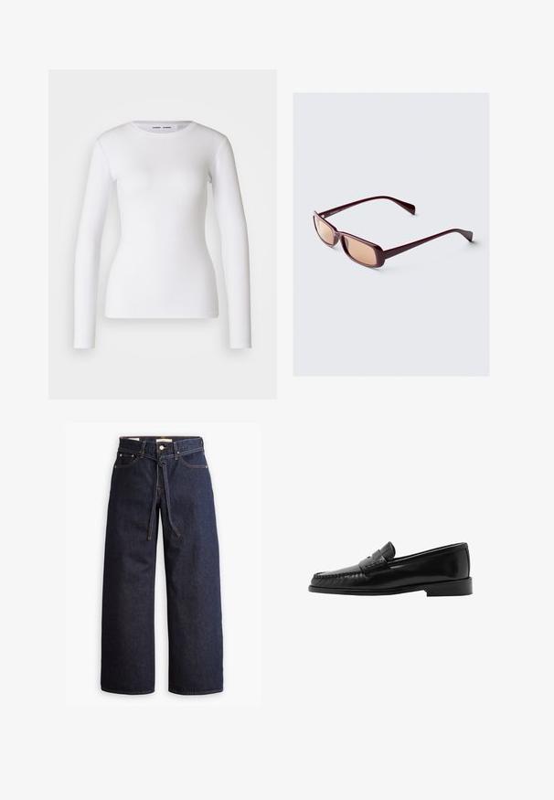 Double-breasted coat in dark herringbone tweed, featuring a notched collar, two front pockets, and long sleeves.; White long-sleeve shirt made of ribbed fabric, featuring a round neckline and fitted shape. No patterns or accents are present.; Wide-leg dark blue denim jeans with a high waist, featuring a drawstring tie, five pockets, and contrasting stitching details.; Black leather loafer with a curved silhouette, decorative strap, textured stitching, and a flat rubber sole. Smooth finish and sleek design.; Burgundy sunglasses with rectangular frames, gradient lenses, and sleek arms. The material has a smooth, glossy finish.; Black woven tote bag with two sturdy handles, featuring a glossy texture and a spacious open top design.