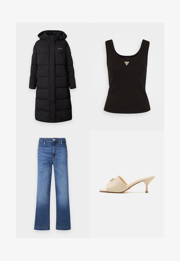 Black puffer coat, knee-length with a hood, quilted design, featuring a front zipper and logo on the chest. Textured, insulated fabric.; Black ribbed tank top with a scoop neck and a small triangle logo in silver accents at the center front. Fitted design with no sleeves.; Wide-leg blue jeans made of denim, featuring a button closure and five buttons on the left side, with a gradual fade on the legs.; Beige patent leather open-toe mule sandal with a low stiletto heel. Features a central decorative accent on the upper. Smooth, glossy finish.