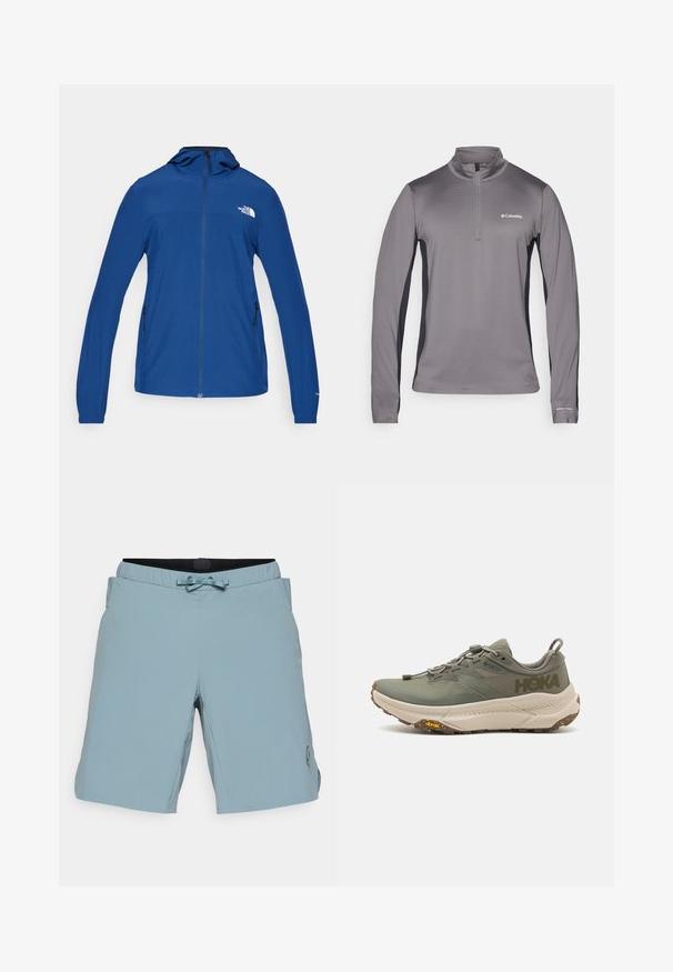 The North Face MOUNTAIN ATHLETICS HOODED JACKET - Windbreaker - estate blue; Gray long-sleeve pullover with half zip, textured fabric, contrasting black side panels, and small logo on the chest.; Light blue swim shorts with an elastic waistband, drawstring, and side pockets. Features a small logo on the lower right leg.; Green Hoka running shoe with Gore-Tex upper, textured accents, elastic laces, and thick beige outsole featuring Vibram logo.