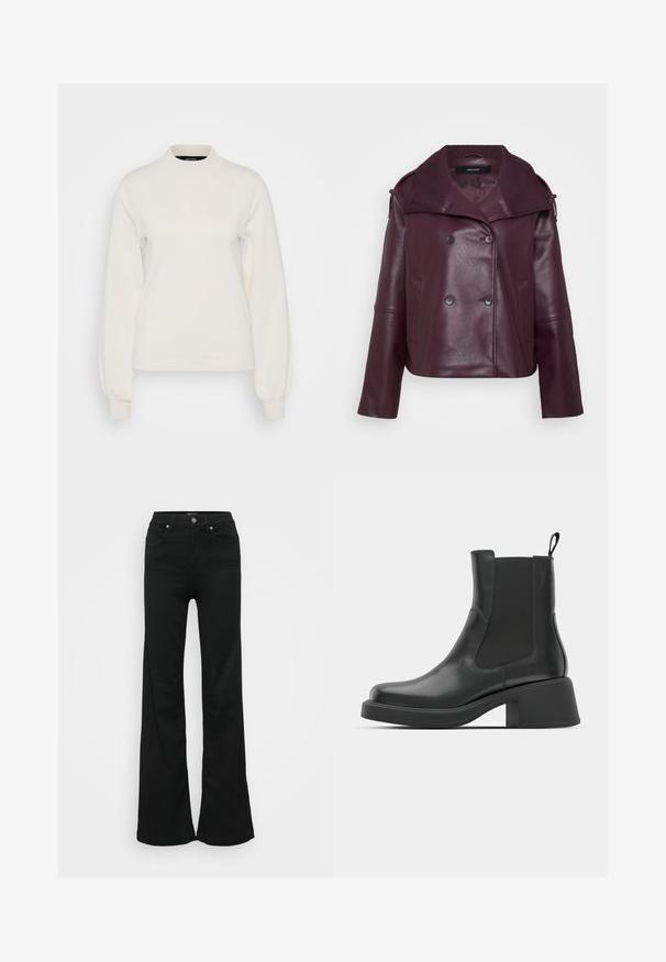 Bordeaux leren jas met dubbelzijdige knopen, brede kraag en ritszakken. Heeft een cropped ontwerp en geribbelde halsdetails.; Vero Moda Tall VMMERCURY HIGHNECK - Trui - birch; Zwarte wijde jeans gemaakt van denim, met een hoge taille, vijf zakken en een metalen knoopsluiting. Gladde textuur met minimale detailing.; Zwarte leren enkellaarsjes met elastische zijpanelen, ronde neus en een stevige blokhak. Gladde textuur met een minimalistisch ontwerp.