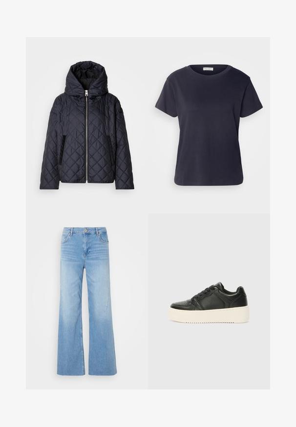 Casaco acolchoado em azul-marinho com gola alta, fecho de correr frontal e bolsos laterais. Feito de material liso e leve.; T-shirt de algodão azul-marinho com decote redondo, mangas curtas e um corte descontraído. Textura suave e design minimalista, sem padrões visíveis.; Os jeans de perna larga em azul claro, em tecido de denim, apresentam um fecho frontal com botão, um design de cinco bolsos e um leve desgaste para adicionar textura.; Sapatilha de couro preta com uma textura suave, sola grossa de cor creme, bico redondo e design clássico de atacadores. Detalhes de costura subtis.