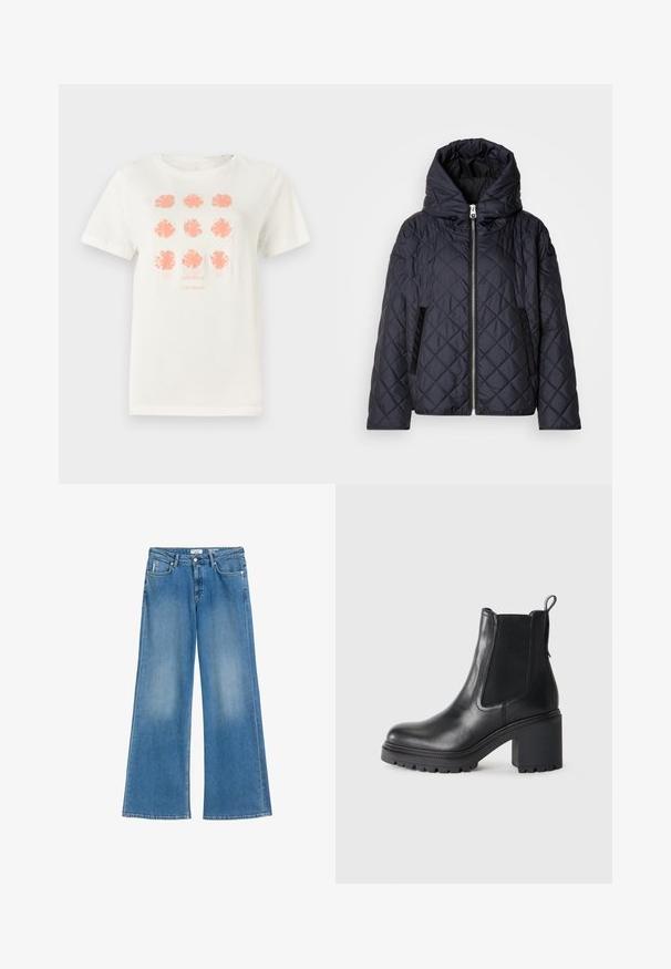 Gewatteerd donsjack in marineblauw met een hoge kraag, ritssluiting aan de voorkant en zijzakken. Gemaakt van glad, lichtgewicht materiaal.; Witte katoenen t-shirt met negen bloemenontwerpen in koraal, met "TOM TAILOR" eronder gedrukt in een bijpassende kleur. Korte mouwen, ronde hals.; Lichtblauwe wijde jeans van denim, met een hoge taille, voorzakken en een licht vervaagde afwerking. Kl classic vijf-pocket ontwerp.; Zwarte leren enkellaars met een chunky hak, elastische zijpanelen en een treklipje aan de achterkant. Getextureerde zool voor extra grip.