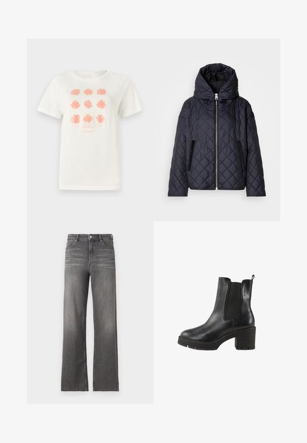 Prešivena jakna na preklop u mornarsko plavoj boji s visokim ovratnikom, patentnim zatvaračem sa sprijeda i bočnim džepovima. Izrađena od glatkog, laganog materijala.; Bijela pamučna majica s devet cvjetnih uzoraka u koraljno crvenoj boji, s natpisom "TOM TAILOR" otisnutim ispod u usklađenoj boji. Kratki rukavi, okrugli izrez.; Srednje visoki sivi traper širokih nogavica s blagim izbljeđivanjem, klasičan dizajn s pet džepova i metalnim kopčanjem. Redovna dužina rubova.; Crne kožne gležnjače s elastičnim bočnim dijelovima, masivnim teksturiranim potpeticama i vučnim rukohvatom. Okrugli vrh i izraziti rebrasti potplat.