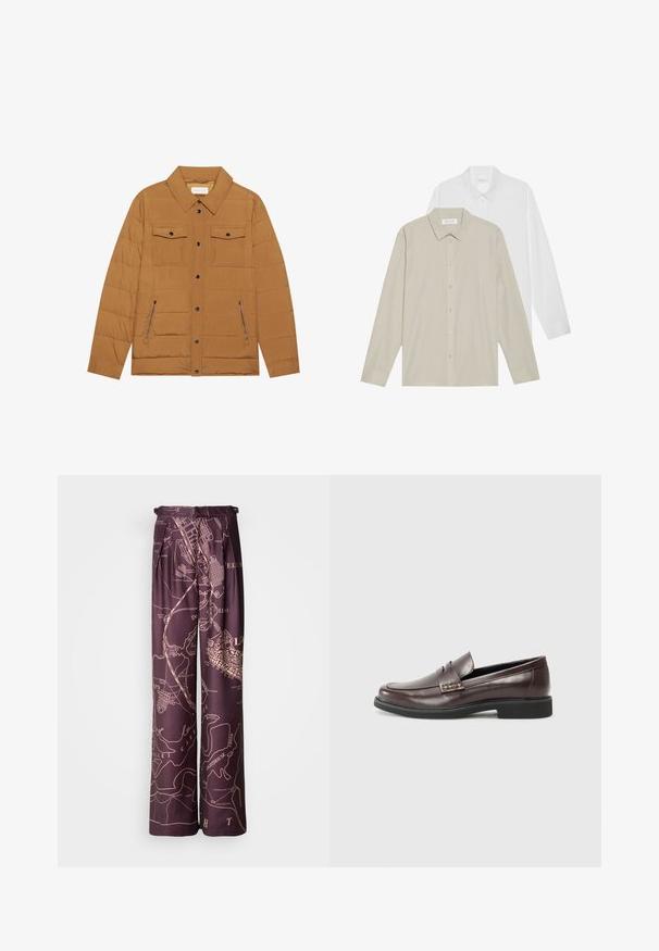 Braune gesteppte Jacke mit spitzem Kragen, zwei Brusttaschen und zwei seitlichen Reißverschlusstaschen, schwarzen Druckknöpfen und einer glatten Textur.; Zwei Langarmhemden: eines aus weißem Stoff, das andere aus beigem Stoff mit dünnen vertikalen Streifen. Beide haben umlegbare Kragen und Manschetten.; Lila weite Hosen mit einem Kartenmuster in einer helleren Nuance. Hergestellt aus glattem Stoff, mit Falten und einem elastischen Taillenbund.; Braune Leder Slipper mit glatter Oberfläche, die über ein dezentes gestepptes Detail im Obermaterial und eine schwarze Gummisohle verfügen.